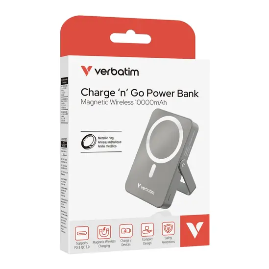 Външна батерия Verbatim Charge 'n' Go Power Bank with Stand Magnetic Wireless 10000mAh Grey