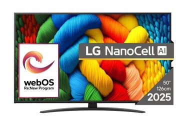 Телевизор LG 50NANO81A3A, 50' 4K HDR Smart Nano Cell TV, 3840x2160, DVB-T2/C/S2, AI Alpha 7, HDR 10 PRO, webOS 25, ThinQ AI, VRR, ALLM, HGiG, WiFi, Clear Voice, AI Upscaling, Bluetooth, Hdmi e-ARC , CI, LAN, AirPlay2, Chromecast, 2 Pole stand, Black