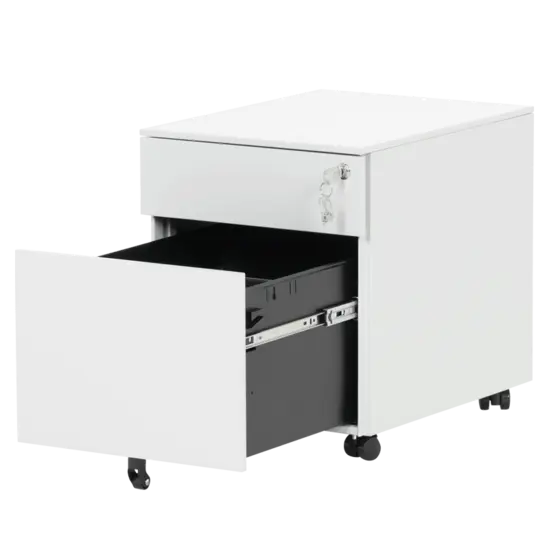 Метален контейнер K BTL с 2 чекмеджета - сниман от десен ъгъл, с отворено долно чекмедже, сив на цвят, празен