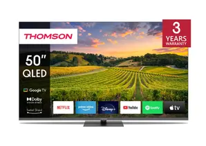 Телевизор Thomson 50" QLED Google TV; 3840 x 2160 (4K UHD), 4000:1, QLED, 60 Hz, DVB-TT2CSS2, HDR10, Wi-Fi, Bluetooth, LAN, HDMI 2 (2.0) + 2 (2.1), USB 2 (2.0) + 1 (3.0), Hotel mode, Central Swivel Stand, Dark gray