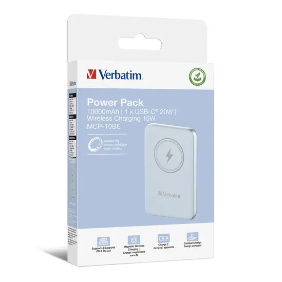 Външна батерия Verbatim MCP-10BE Power Pack 10000 mAh with UBS-C PD 20W  Magnetic Wireless Charging 15W Blue