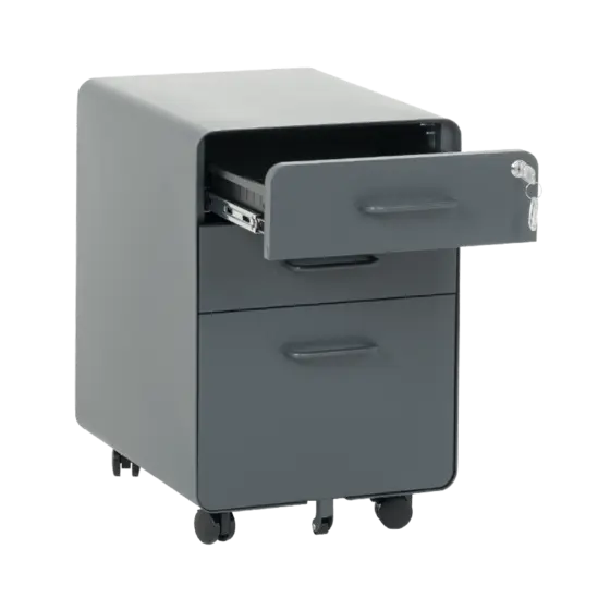 Метален контейнер A BTL с 3 чекмеджета - графит, снимано от ляв ъгъл, с отворено горно чекмедже, празен