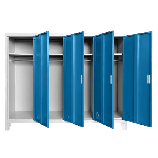 Метален гардероб BTL JZ с 4 отделения 130x160x40 см син с 4 отворени врати, по един рафт на отделение и лостове за закачалки