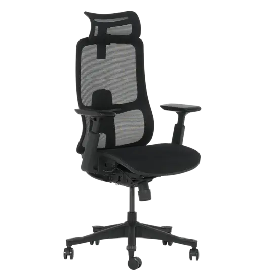 Работен стол АХИНОРА-снимка отпред, черна дамаска, черен меш