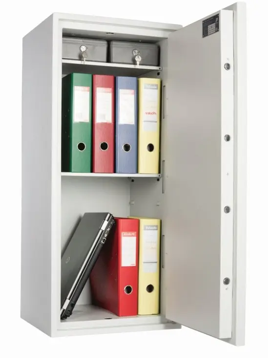 Метален сейф PMT взломоустойчив 1000 EL - отворен, пълен с документи