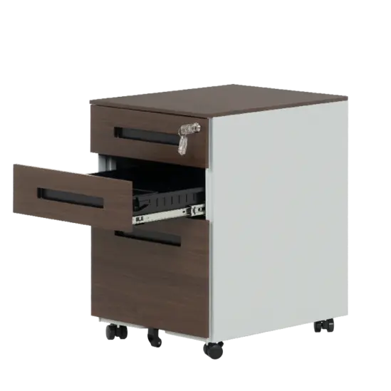 Метален контейнер K BTL с 3 чекмеджета - кафяв с черни дръжки, с отворено средно чекмедже, празен