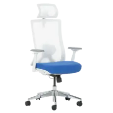 Работен стол НЕРЕЙ- снимка отпред, синя дамаска-седалка, бял меш-облегалка