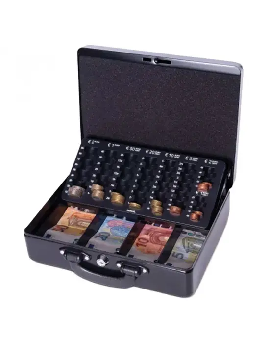 Метална кутия с евро монетник 300х245х93 мм- отворена, пълна, черна