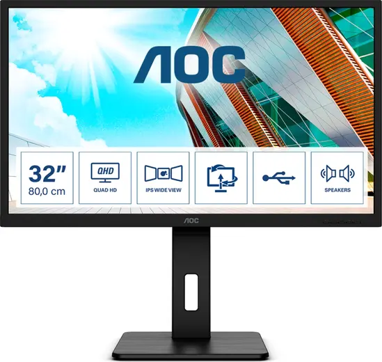 Монитор AOC Q32P2, 31.5' IPS WLED, 2560x1440@75Hz, 4ms GTG, 250cdm2, 1000:1, 50M:1 DCR, Adaptive Sync, FlickerFree, Low Blue Light, 3Wx2, Tilt, Height Adjust, Pivot, Swivel, 2xHDMI, DP, USB hub