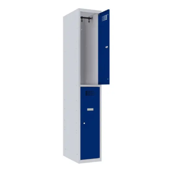 Метален гардероб FRT с 2 отделения 180х30х50 см, тъмно син, сниман отпред, горна врата отворена, празен