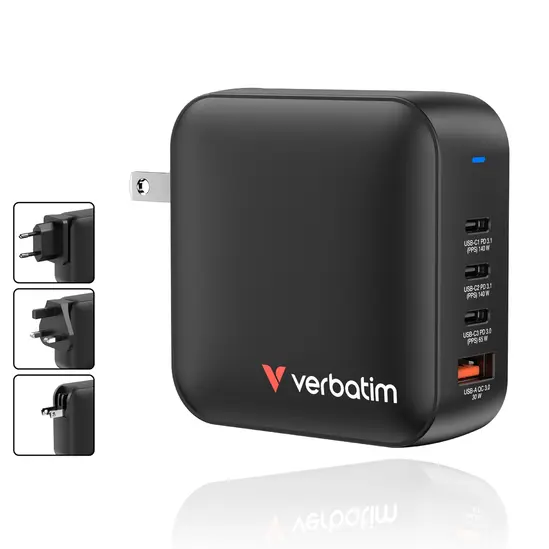 Зарядно устройство Verbatim Mini GaN Charger 165W 4 Port US plug with EU and UK adaptors