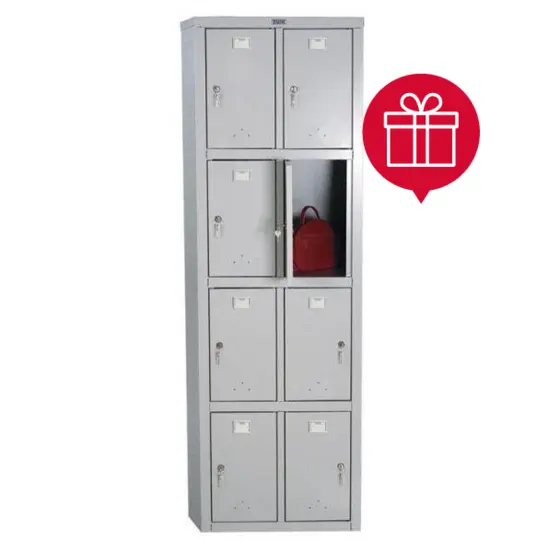 Метален гардероб PMT с 8 отделения 183х60х50 см - сниман отпред, в промо комплект с лампа, затворен, сив