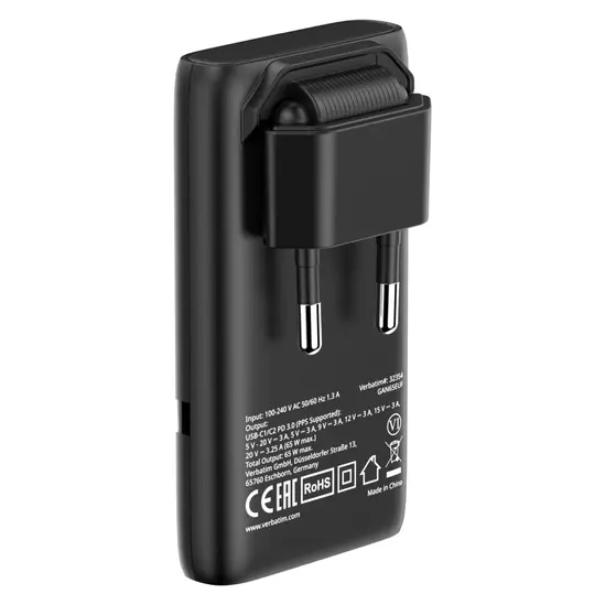 Зарядно устройство Verbatim Fold 'n' Go GaN Charger 65W EU plug Black