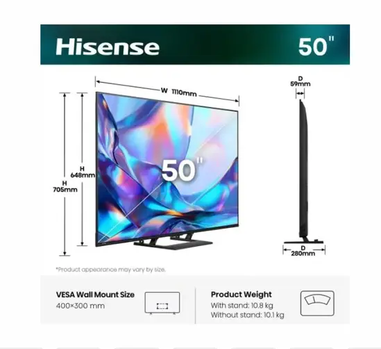 Телевизор Hisense 50" A7S, 4K Ultra HD 3840x2160, QLED, FALD, Quantum Dot, HDR 10+, HLG, Dolby Vision, Dolby Atmos, Smart TV, WiFi 5GHz, WiFi Direct, BT, Anyview Cast, 3xHDMI, 2xUSB, LAN, CI+, DVB-T2/C/S2, Black