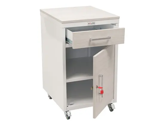 Медицински контейнер PMT TPL6 - сниман отстрани, сивкав на цвят , с отворено чекмедже и врата, празен