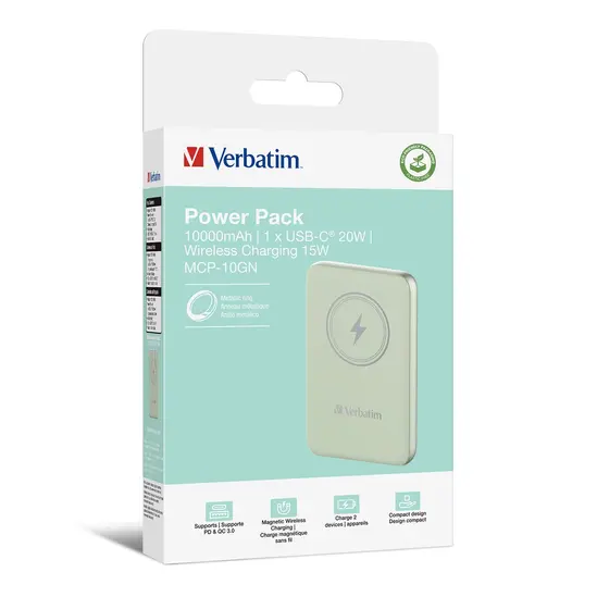 Външна батерия Verbatim MCP-10GN Power Pack 10000 mAh with UBS-C PD 20W  Magnetic Wireless Charging 15W Green