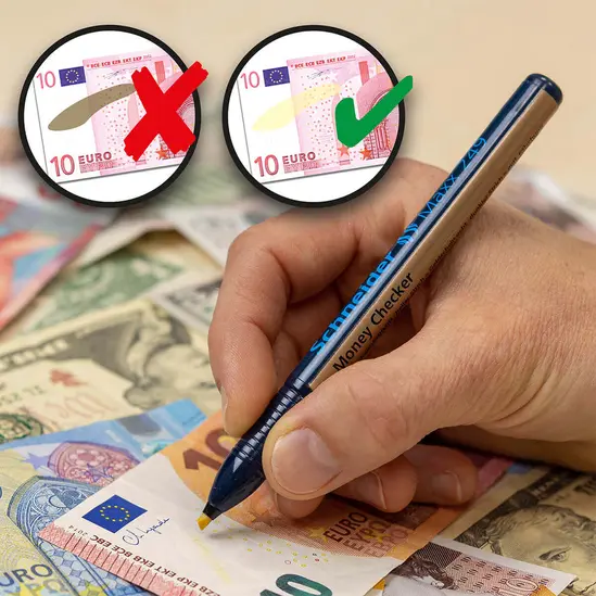 Тест маркер Schneider Maxx 249 за банкноти пише върху банкнота от 10 евро