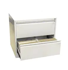 Метална картотека FRT с 2 двойни чекмеджета- сив на цвят, сниман отпред, с отворено чекмедже, което е с две отделения, напълнено с папки