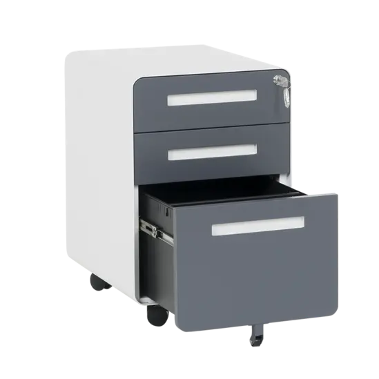 Метален контейнер H BTL с 3 чекмеджета, сив с графитени вратички, с отворено долно чекмедже, сниман под ъгъл