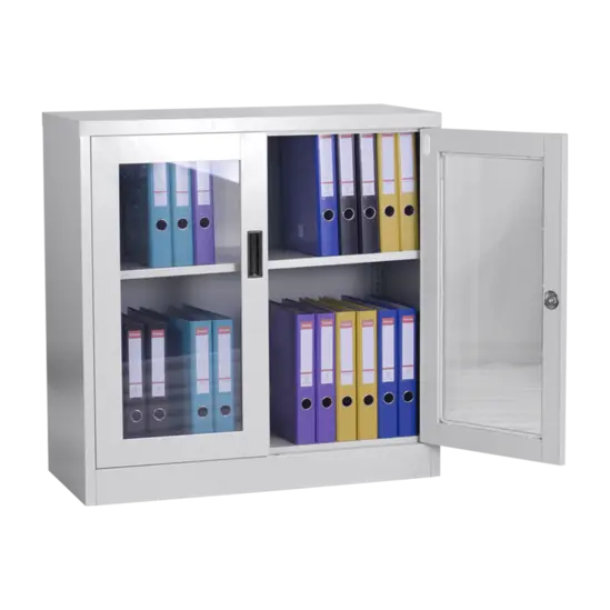 Архивен шкаф BTL J с 2 отделения 90х40х90 см стъкло,пълен с класьори, с една отворена врата