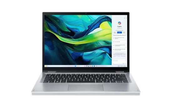 Лаптоп Acer Aspire Go Spin 14, AGSP14-31PT-3593, Intel i3 N355( up to 3.9GHz, 6MB), 14'' WUXGA (1920x1200) IPS Touch (pen supportive), 8GB DDR5 on board, SSD 256GB, HD Web cam, WiFi6 ax, BT 5.2, Win 11 Home