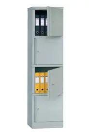 Архивен шкаф PMT с 4 отделения 183x47.2x45.8 см- с най-горната врата и средната отворени, пълни с класьори, сив, сниман отпред