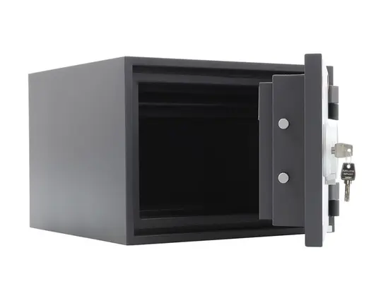 Метален сейф FRS PMT 32 - сив, отворен, празен отвътре