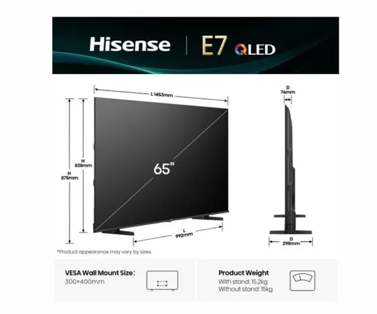 Телевизор Hisense 65" E7Q, 4K Ultra HD 3840x2160, QLED, Quantum Dot, HDR 10+, HLG, Dolby Vision, DTS Virtual X, Smart TV,Light Sensor,WiFi Direct, BT, Anyview Cast, 3xHDMI, 2xUSB, LAN, CI+, DVB-T2CS2, Black