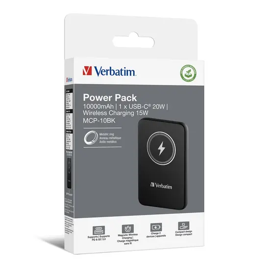 Външна батерия Verbatim MCP-10BK Power Pack 10000 mAh with UBS-C PD 20W  Magnetic Wireless Charging 15W Black