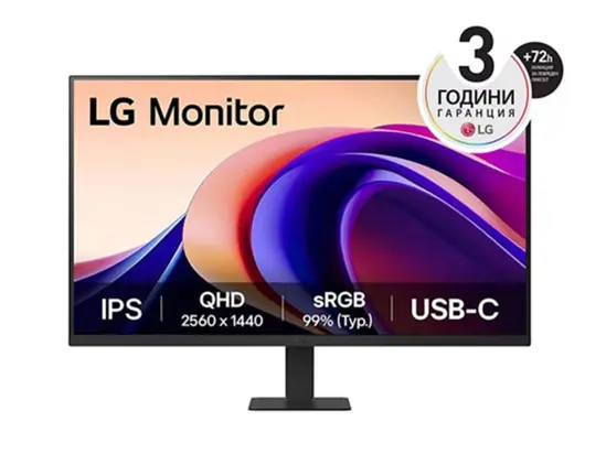Монитор LG 27U631A-B, 27' QHD LED AG, IPS, 100Hz, 5ms, 250 cdm2, 1000:1, QHD (2560 x 1440), sRGB 99% , HDR 10, USB-C (PD 15W), HDMI, LG Switch, Dynamic Action Sync, Reader mode, Headphone out, Tilt, Black