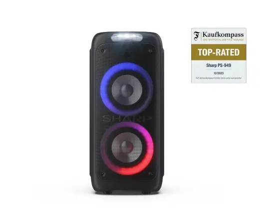 Тонколони Sharp Speakers PS-949, XPARTY STREET BEAT  2 x 8' woofers + horn tweeter, max power output 132 W, 12 h play time by built in battery, True wireless Stereo, USB Music playback and charging, DJ FX, BT 5.0, 2 x MicGuitar inputs, Splashproof (IPX4)