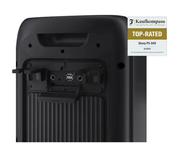 Тонколони Sharp Speakers PS-949, XPARTY STREET BEAT  2 x 8' woofers + horn tweeter, max power output 132 W, 12 h play time by built in battery, True wireless Stereo, USB Music playback and charging, DJ FX, BT 5.0, 2 x MicGuitar inputs, Splashproof (IPX4)