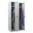 Метален гардероб PMT с 3 отделения 183х88.5х50 см - сниман отстрани, пълен с дрехи, с отворени врати, сив