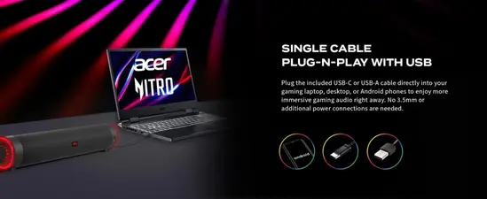 Тонколони Acer Nitro Gaming Soundbar,2 x 5W, BT, Dynamic 2.0 Stereo Sound USB-C (USB-C to USB-A cable included)  Bluetooth  Aux In (3.5mm)  Headphones out