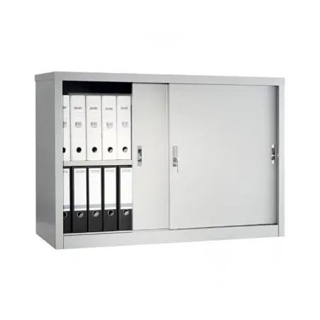 Архивен шкаф PMT с 2 отделения 83.2x121.5x45.8 см- с лявата врата плъзната до средата, пълен с класьори, сниман отпред