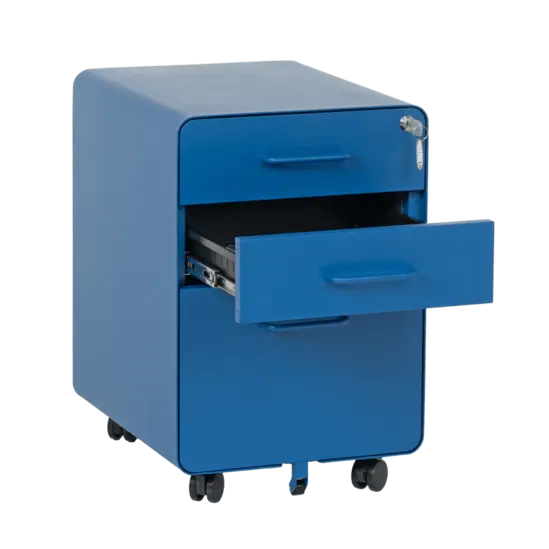 Метален контейнер A BTL с 3 чекмеджета - синьо, снимано от ляв ъгъл, с отворено средно чекмедже, празен