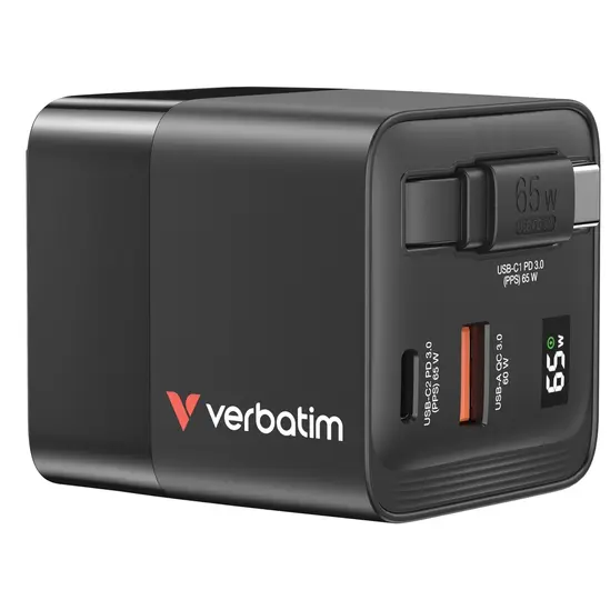Зарядно устройство Verbatim Mini GaN Charger 65W 2 Port retractable cable display US plugs with EU and UK adaptors