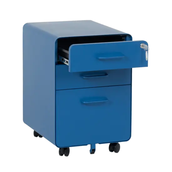 Метален контейнер A BTL с 3 чекмеджета - синьо, снимано от ляв ъгъл, с отворено горно чекмедже, празен