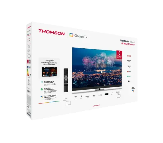 Телевизор Thomson Smart QLED Plus TV 65'; Google TV; 3840 x 2160 (4K UHD), QLED, 4000:1, 60 Hz, DVB-TT2CSS2, HDR10, Wi-Fi, Bluetooth, LAN, HDMI 2 (2.0) + 2 (2.1), USB 2 (2.0) + 1 (3.0),Built-in Front Speakers, Central Swivel Stand, Black