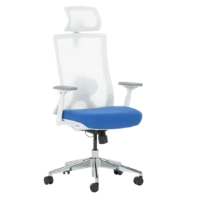 Работен стол НЕРЕЙ- снимка отпред, синя дамаска-седалка, бял меш-облегалка