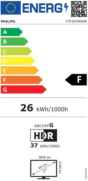 Монитор Philips 27E1N1800AE, 27' IPS WLED, 3840x2160@60Hz, 4ms GtG, 350cd m/2, 1000:1, Mega Infinity DCR, Adaptive Sync, FlickerFree, Blue Light Soft, 2Wx2, Tilt, Height Adjust, 2xHDMI, DP