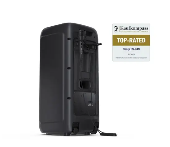 Тонколони Sharp Speakers PS-949, XPARTY STREET BEAT  2 x 8' woofers + horn tweeter, max power output 132 W, 12 h play time by built in battery, True wireless Stereo, USB Music playback and charging, DJ FX, BT 5.0, 2 x MicGuitar inputs, Splashproof (IPX4)