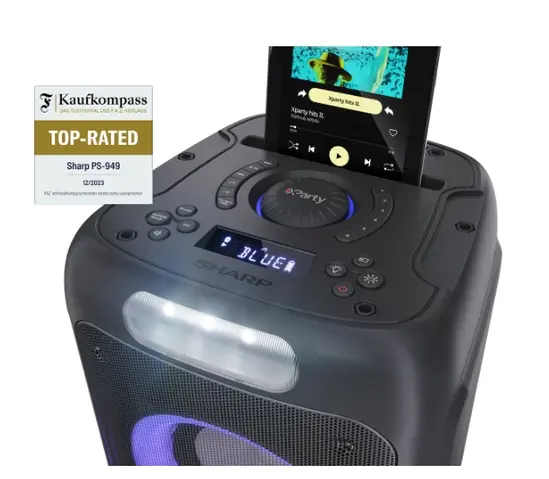 Тонколони Sharp Speakers PS-949, XPARTY STREET BEAT  2 x 8' woofers + horn tweeter, max power output 132 W, 12 h play time by built in battery, True wireless Stereo, USB Music playback and charging, DJ FX, BT 5.0, 2 x MicGuitar inputs, Splashproof (IPX4)