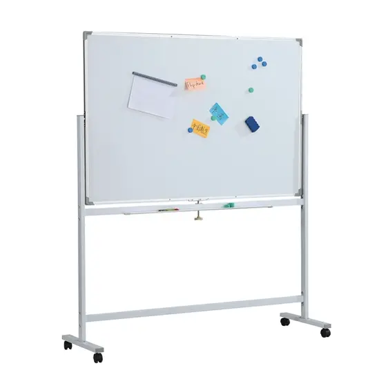 Бяла магнитна дъска 90х120 см мобилна - снимка отпред, с наредени офис консумативи на нея