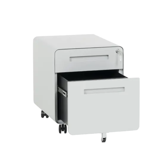 Метален контейнер T BTL с 2 чекмеджета, сниман отпред, с долната вратичка отворен, сив на цвят 