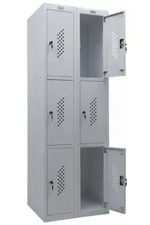 Метален гардероб PMT с 6 отделениe 183х60х50 см - сниман отстрани, горна дясна и долна дясна врата отворени, празен, сив