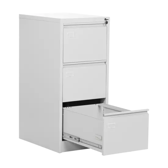 Метална картотека D BTL с 3 чекмеджета- снимана от ляв ъгъл, сива на цвят, с долното чекмедже отворено