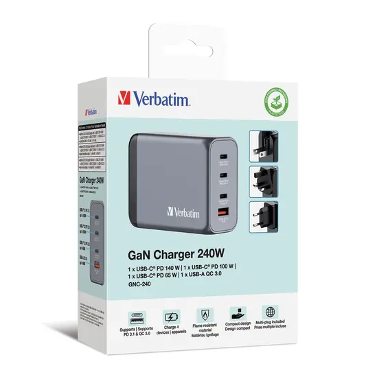 Зарядно устройство Verbatim GNC-240 GaN Charger 4 Port 240W USB AC (EUUKUS)