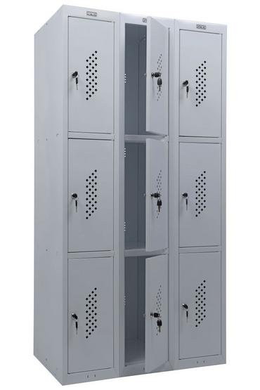 Метален гардероб PMT с 9 отделения 183х90х50 см - сниман отстрани, със средния ред врати отворени, празен, сив