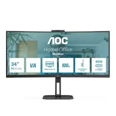 Монитор AOC CU34V5CW/BK, 34" Curved 1500R, VA, WLED, 3440x1440@100Hz, 4ms GtG, 1ms MPRT, 300cd m/2, 3000:1, 20M:1 DCR, Adaptive Sync, FreeSync, Low Blue Light, 5Wx2, 2MP Webcam, Tilt, Height Adjust, Swivel, HDMI, DP, USB hub